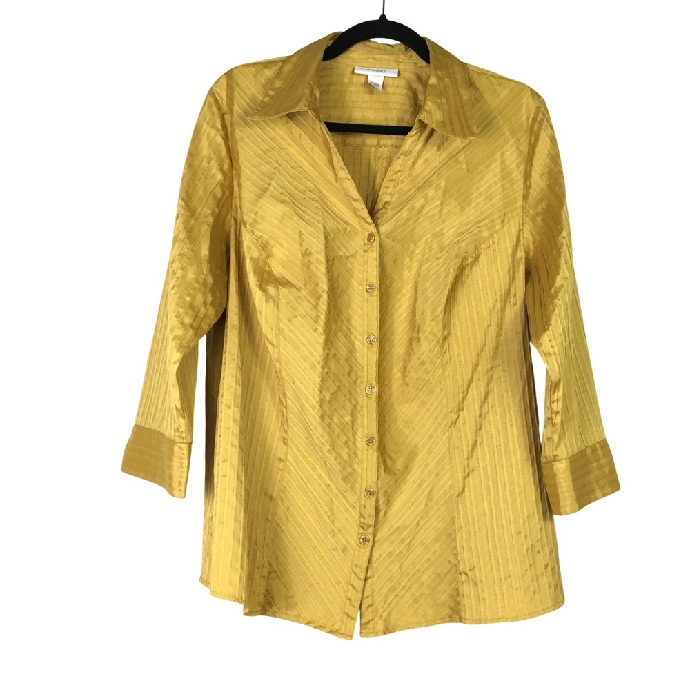 Dressbarn Textured Stripe‎ 3/4 Sleeve Button Down Shirt Gold Yellow Fitted